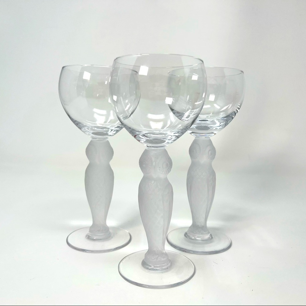 Vintage Bayel France Crystal Frosted Figural Owl Stem Cordial Liquor Glasses